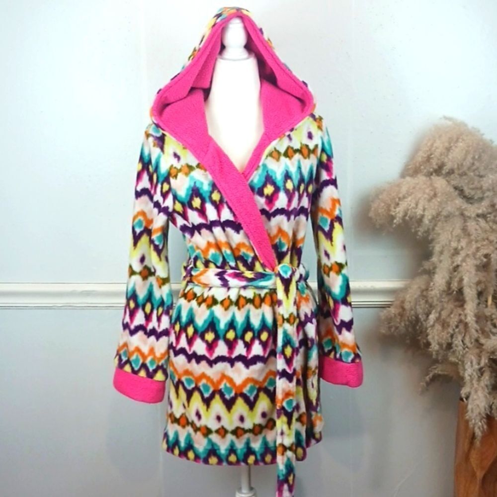 Steve Madden Mad Crazy Dreams colorful hippie plush hooded robe sz S